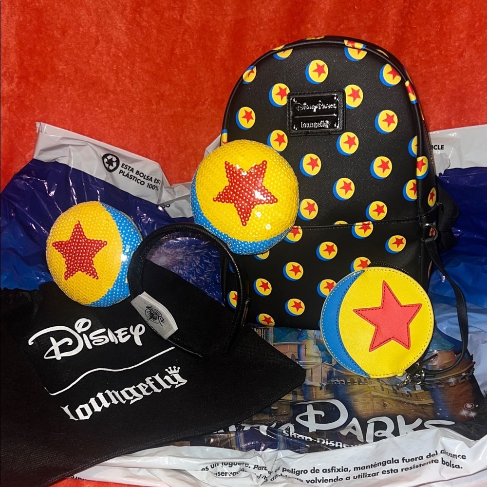 NWT Disney Parks Loungefly Pixar Ball Backpack with coin purse, Pixar Ball Ears
